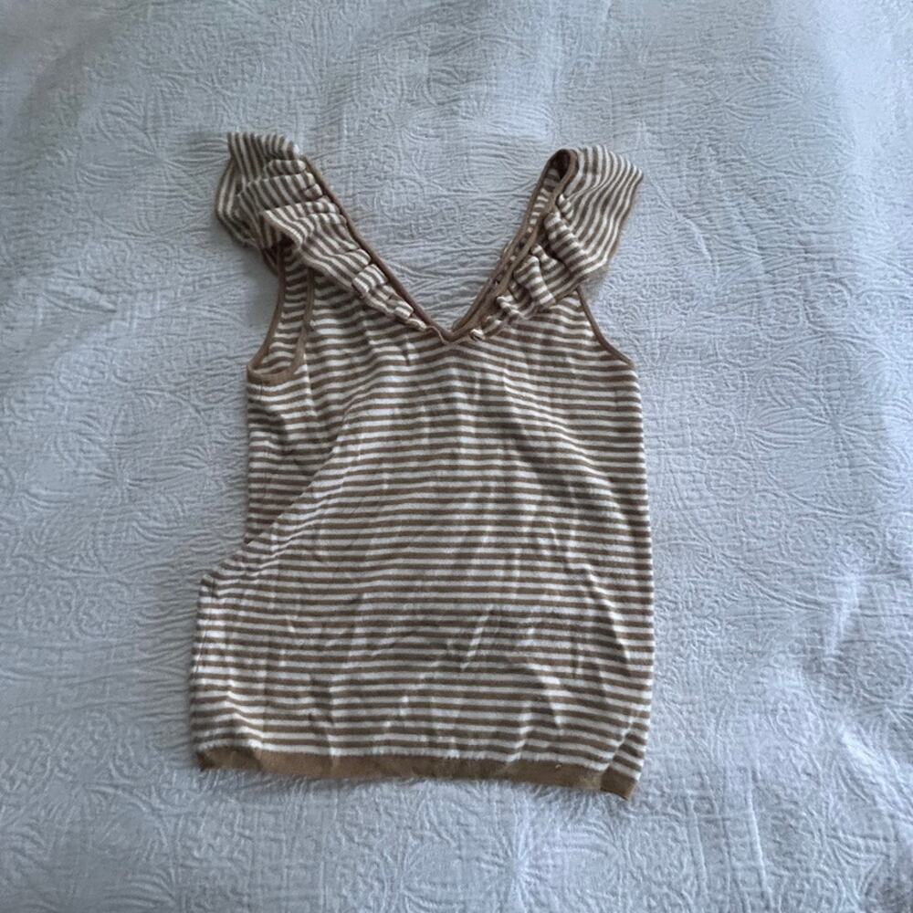 Madewell Beige and White Striped Ruffle Sleeve Tank